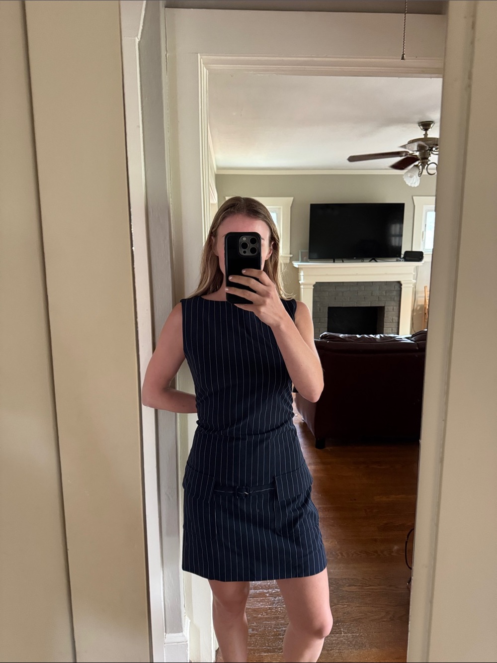 STAUD Navy Pinstripe Sleeveless Mini Dress